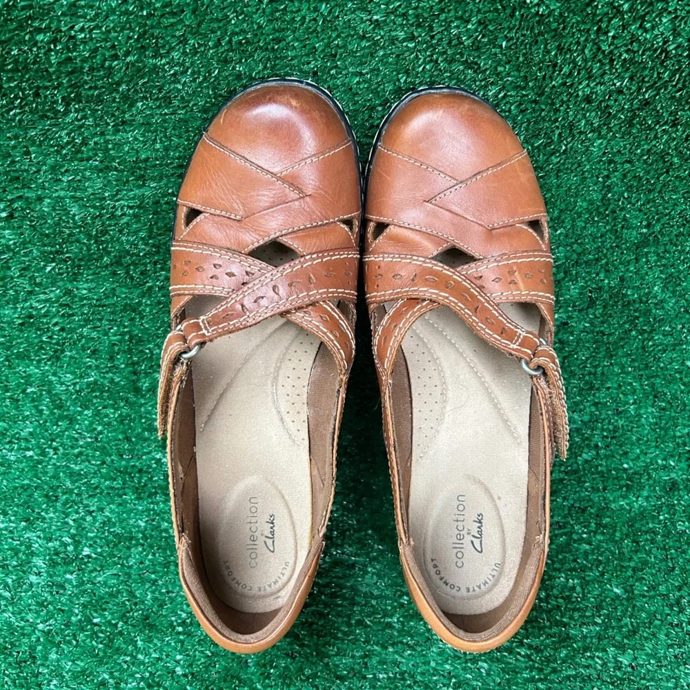 Clarks Collection Leather Mary Jane Shoes Tan Caged Perforated 8M 260656523080